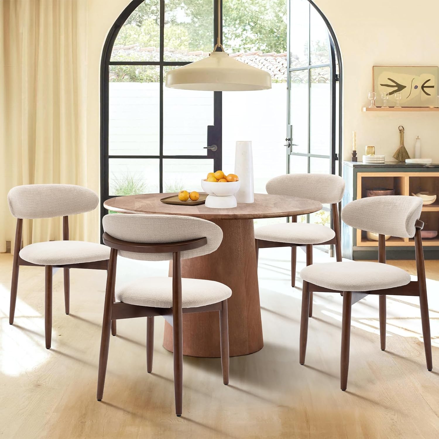 COLAMY Wooden Dining Chairs Set of 4, Modern Fabric Upholstered Kitchen Side Chairs, Farmhouse Dining Room Chair with Foot Pegs, Beige