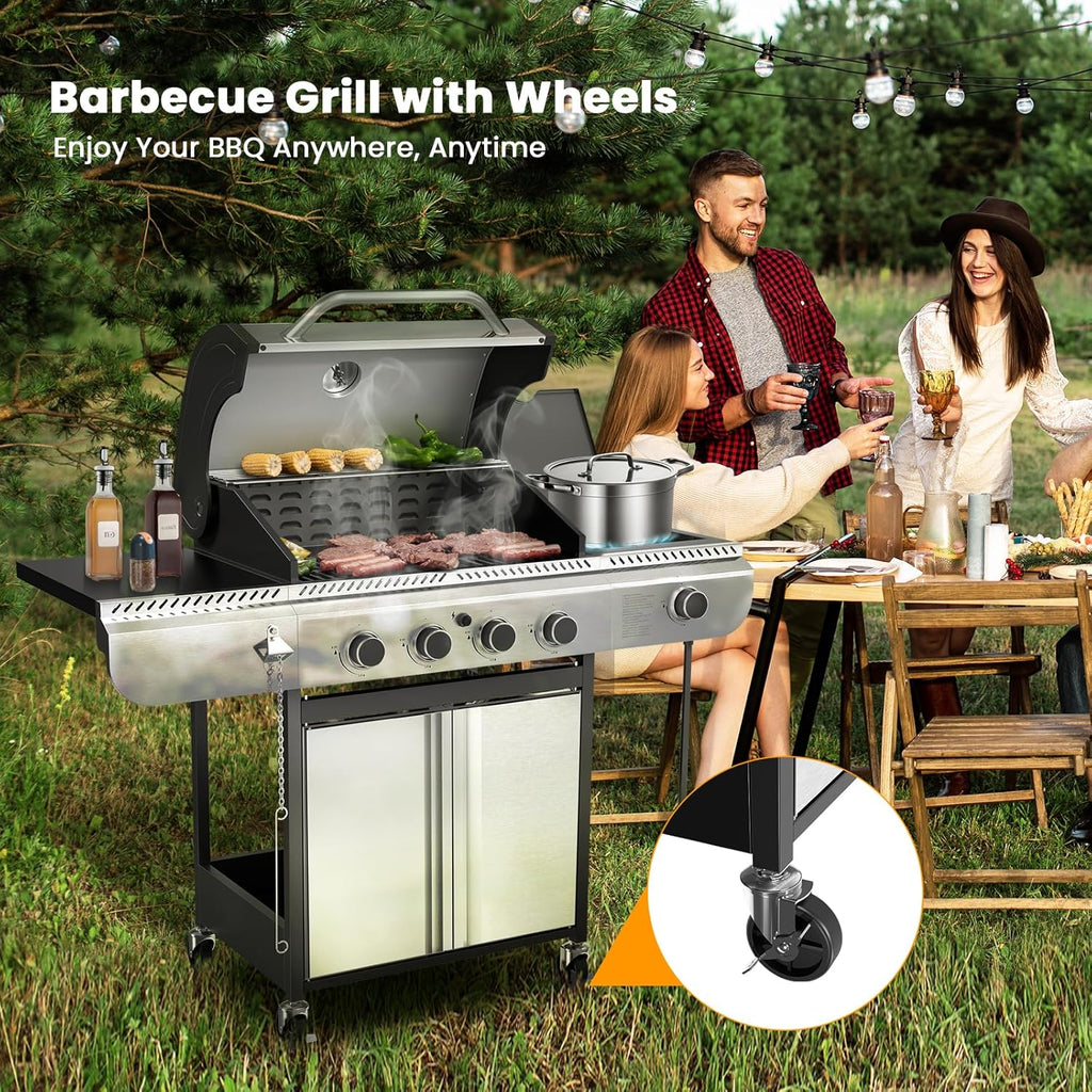 4-Burner Gas Grill with Side Burner Stainless Steel Propane Grill with Porcelain-Enameled Grills Built-In Thermometer 42000BTU BBQ Grill for Outdoor Cooking and Patio Barbecues