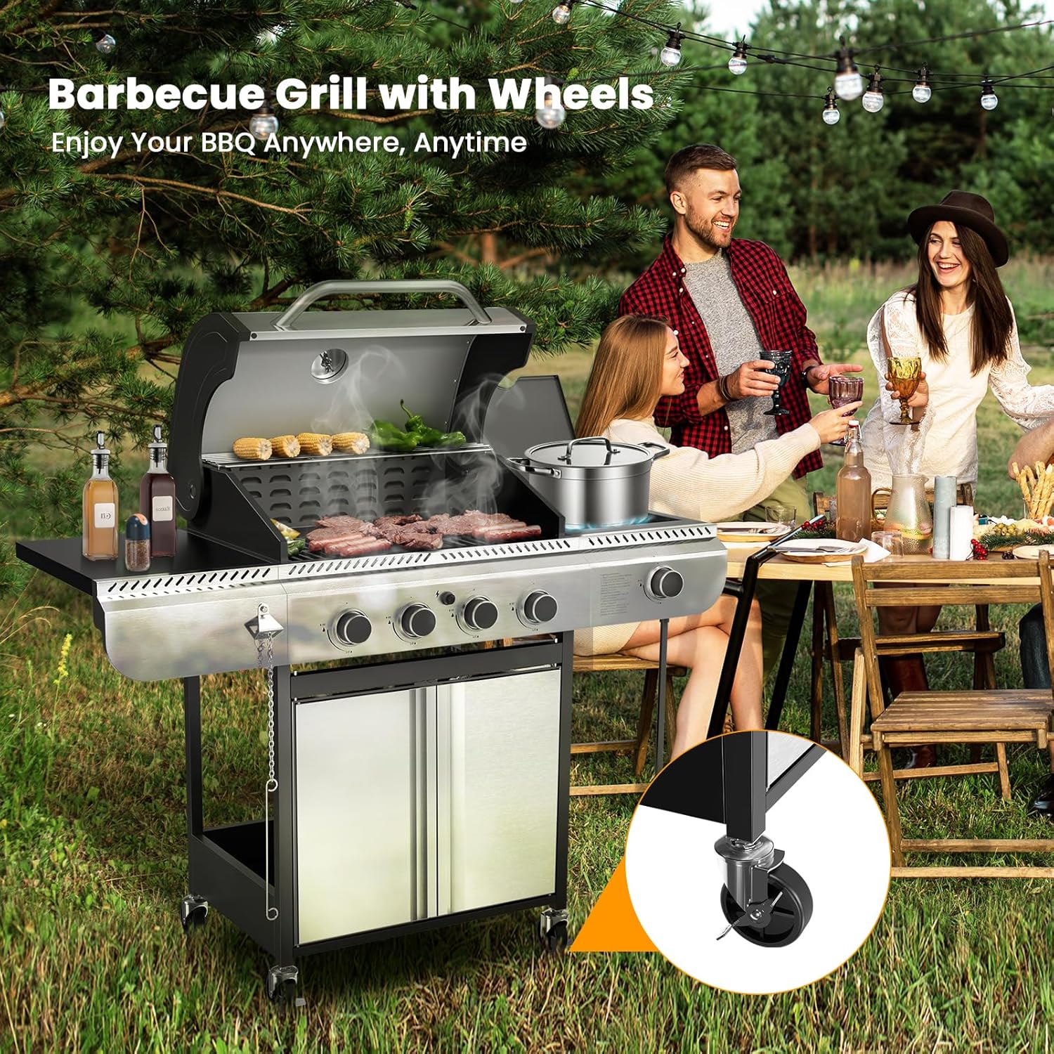 4-Burner Gas Grill with Side Burner Stainless Steel Propane Grill with Porcelain-Enameled Grills Built-In Thermometer 42000BTU BBQ Grill for Outdoor Cooking and Patio Barbecues