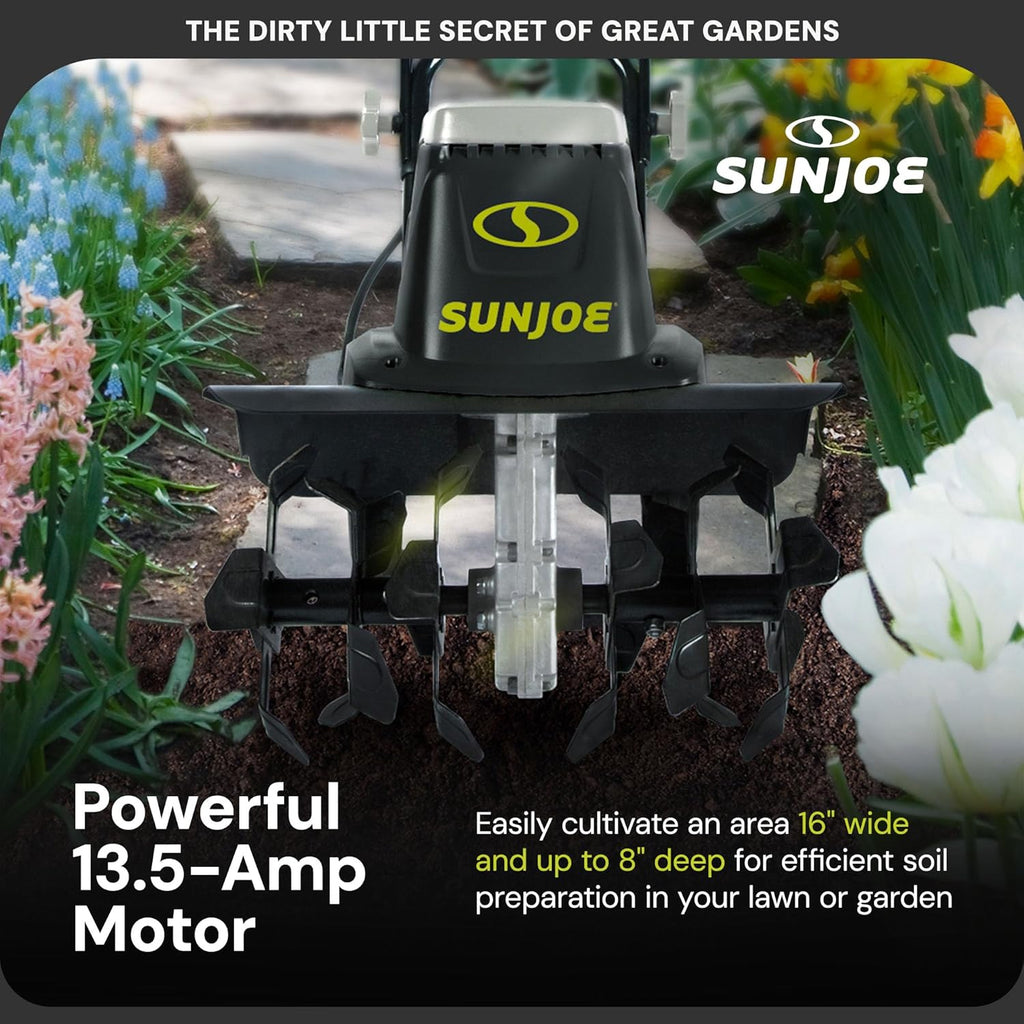 Sun Joe Corded Electric Garden Tiller & Cultivator with Steel Tines  16 Inch  13.5-Amp Motor - Heavy-Duty Tilling Machine for Lawn  Yard  and Gardening Care  TJ604E