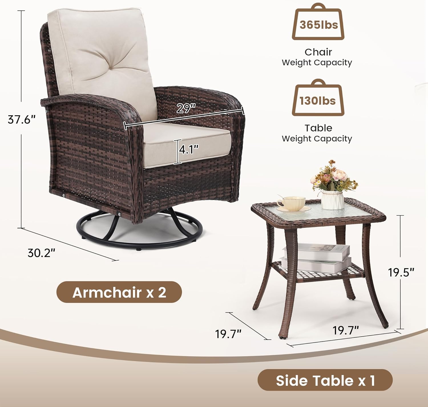 Luxury Outdoor Swivel Wicker Glider Patio Chairs with Table Set  Overstuffed Washable Cushions  Ideal for Porch  Balcony  Deck  Brown Rattan and Beige Cushion