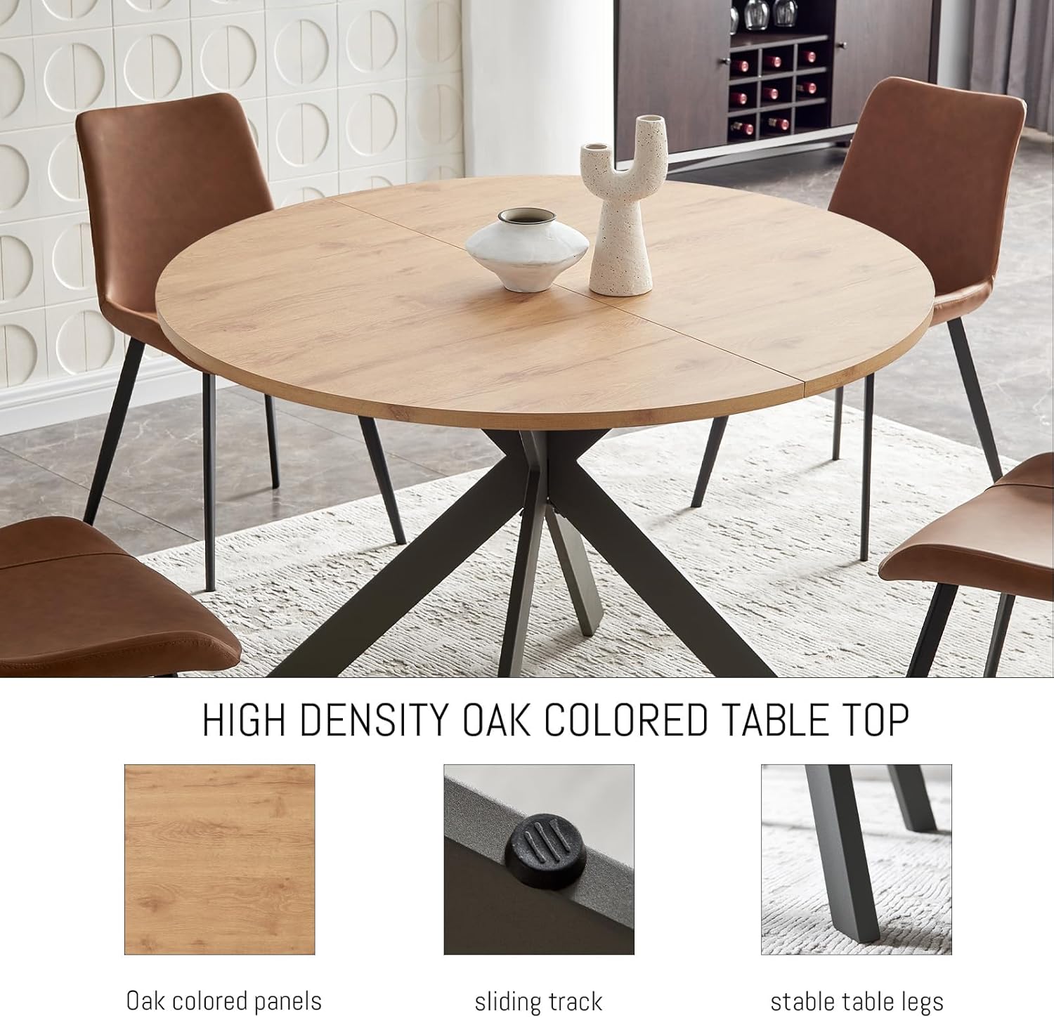 46.4" Round Dining Table Set, Mid Century Modern Round Dining Table for 4-6 Person, w/Steel Legs, Coffee Table for Kitchen Dining Room, Office, Save Space (1 Table with 4 Brown Chairs)