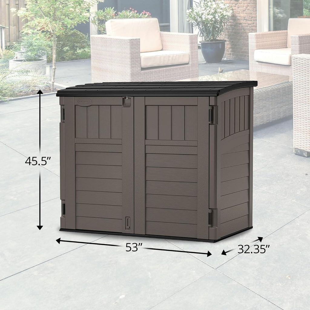 Suncast 34 Cu Ft Horizontal Resin Storage Shed - Outdoor Storage Shed with Floor Included  Lockable  Weatherproof  Fits Small to Medium Trash Cans  Generators  & Garden Tools  Stoney Black