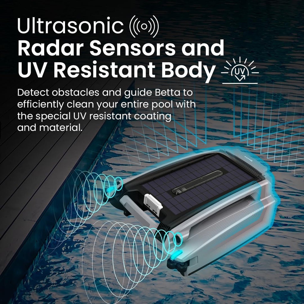 Betta SE Plus - Solar-Powered Robotic Pool Skimmer with 24/7 Continuous Cleaning Power  Dual Charging Options  Twin Salt Chlorine Tolerant Motors  and Shallow Water Safeguard