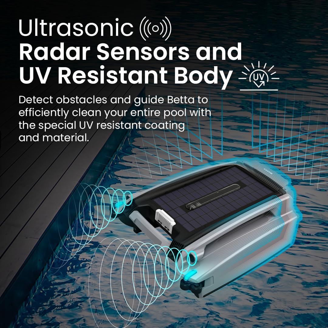 Betta SE Plus - Solar-Powered Robotic Pool Skimmer with 24/7 Continuous Cleaning Power  Dual Charging Options  Twin Salt Chlorine Tolerant Motors  and Shallow Water Safeguard