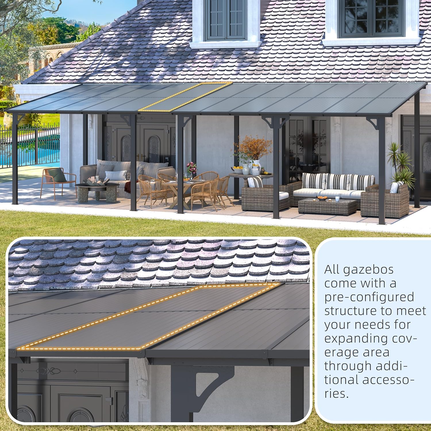 AECOJOY 14' x 10' Gazebo for Patio  Hard Top Lean to Gazebo Pergola with Roof (140 Sq.Ft Shaded)  Large Wall-Mounted Heavy Duty Awnings for Patio  Decks  Backyard and More