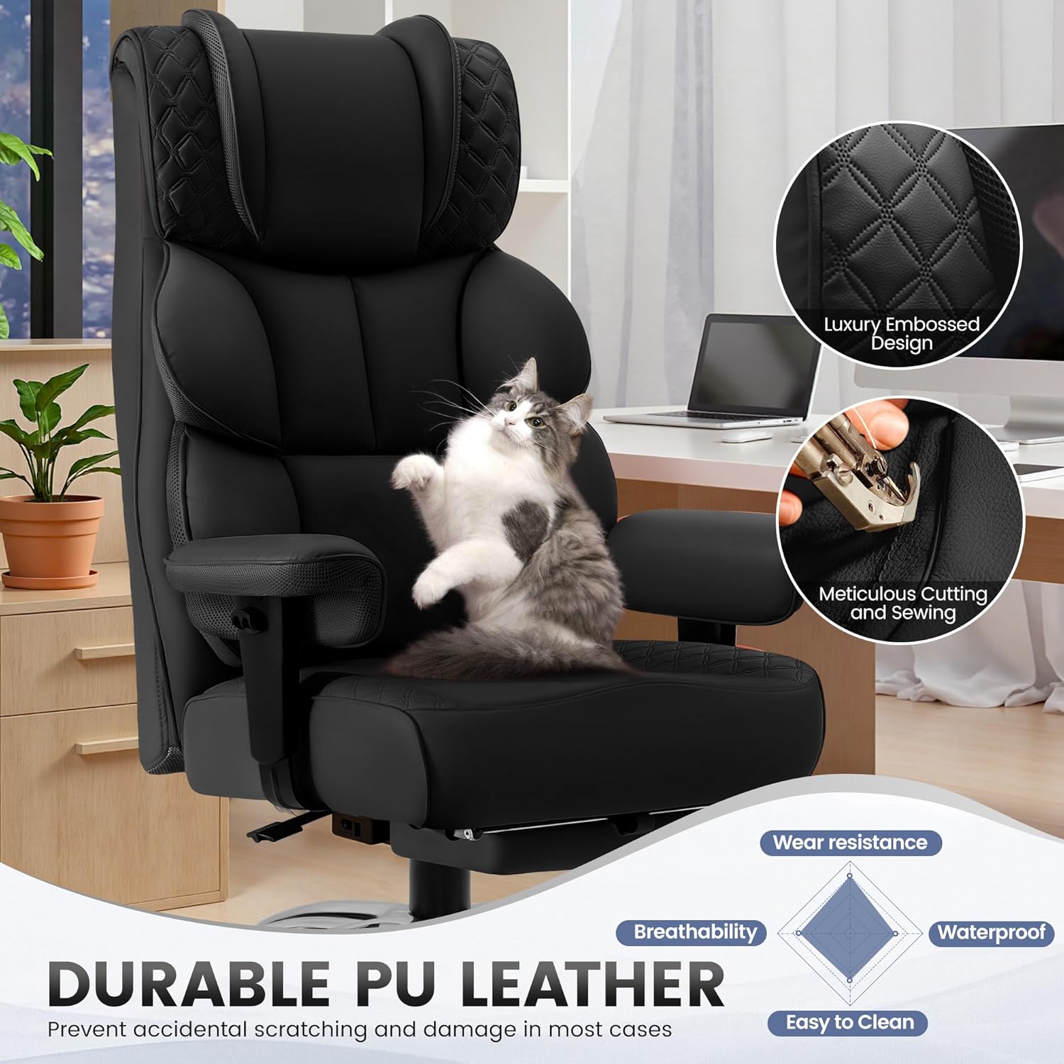 Office Desk Chair, Big and Tall Leather Gaming Chair with Footrest, Wide Ergonomic Comfy Executive High-Back Reclining Computer Chairs, Swivel Rolling Wheels and Padded Lumbar Support, Black