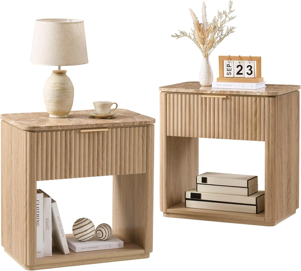 Fluted Nightstand Set of 2, Bedside Table with Faux Marble-Top, Engineered Wood Side Table with Drawer Open Shelf, Curved Corners, Modern Night Stand for Bedroom, Small Spaces, Natural Oak