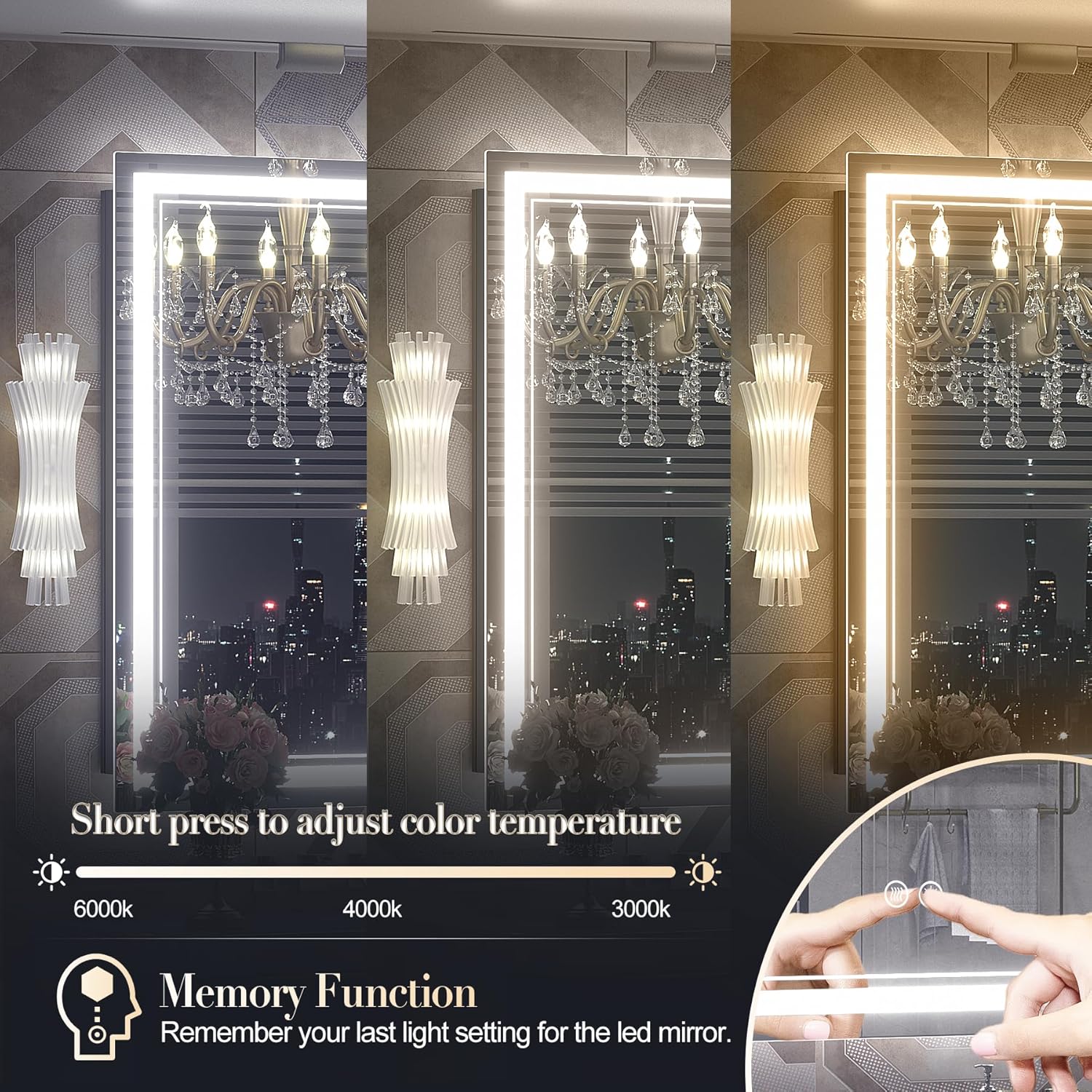 OKPAL 72x36 Lighted Bathroom Mirror, Anti-Fog LED Bathroom Mirror, Bathroom Mirror with Lights, Dimmable Lighted Vanity Mirror, Shatterproof, ETL Listed, Horizontal/Vertical