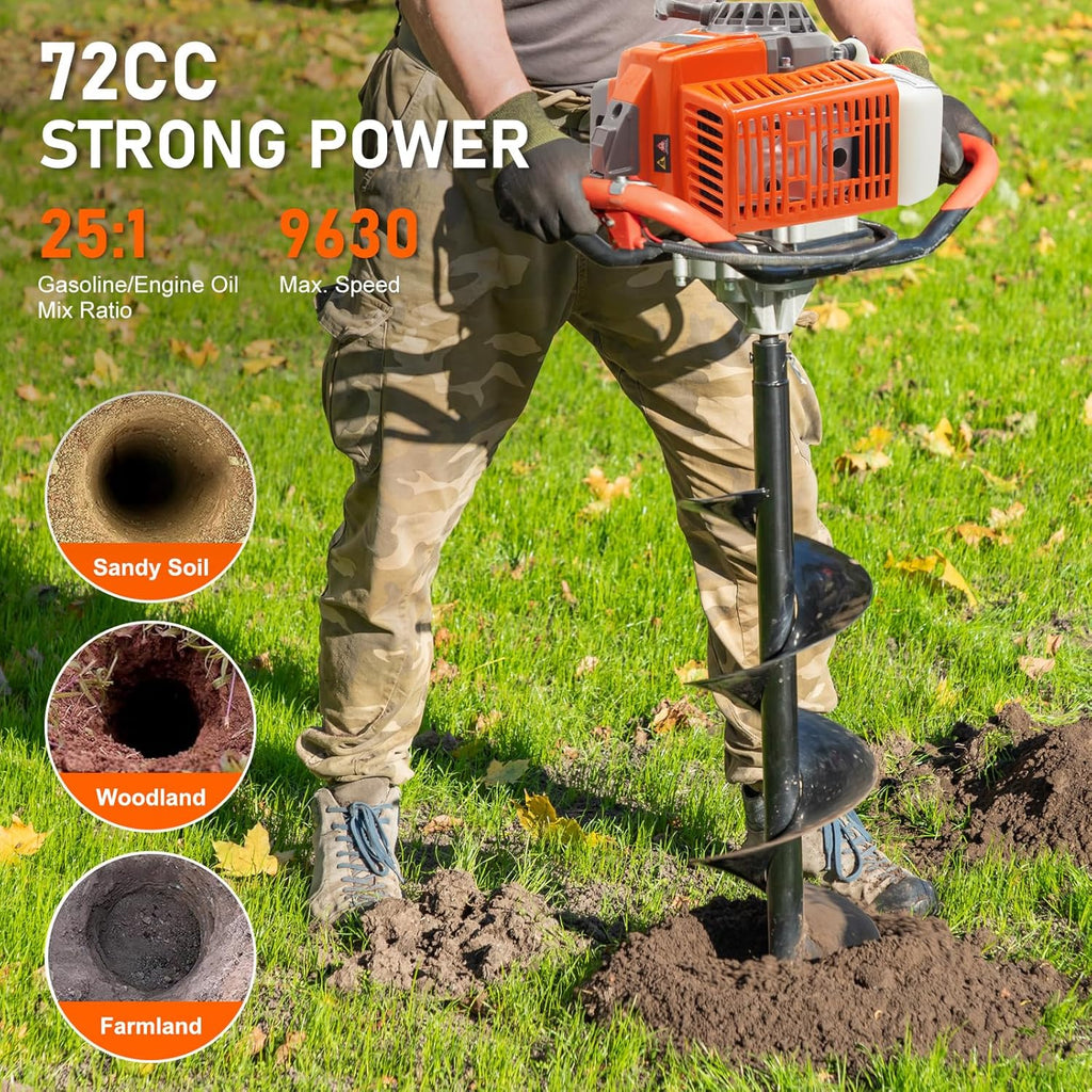 72CC Newly Upgraded Post Hole Digger Gas Powered  2 Stroke Auger Post Hole Digger with 3 Drill Bits (4" &6" & 12") + 2 Extension Rod for Planting - Ideal for Farm & Garden