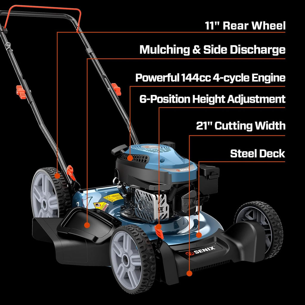 SENIX 144 cc Gas Lawn Mower  21 inch 2-in-1 Push with Mulching and Side Discharge  4-Cycle Engine  6 Position Cutting Height Adjustment for Yard and Garden