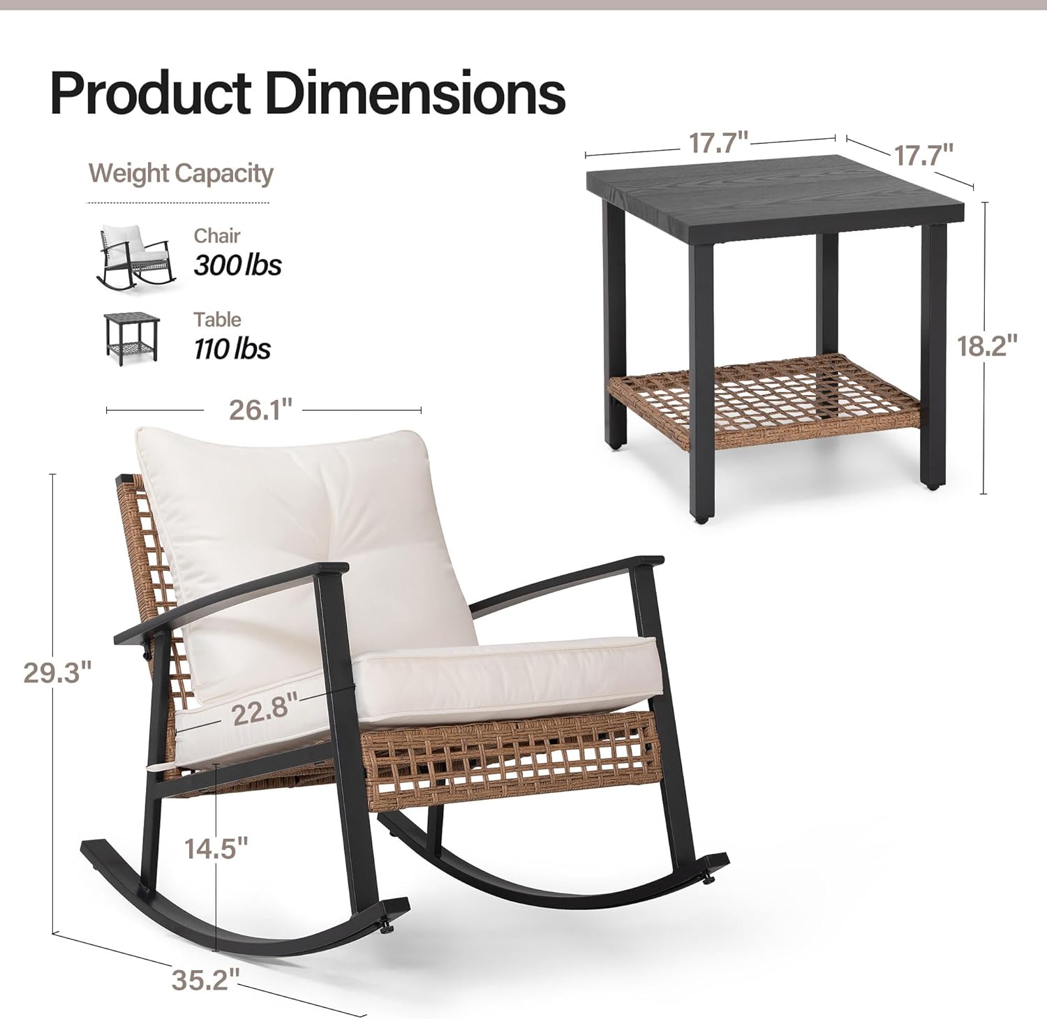 LAUSAINT HOME 3-Piece Rocking Bistro Set  Outdoor Patio Furniture with Thick Cushions and 2-Tier Coffee Table  Oversize Rattan Conversation Set for Garden  Balcony  Backyard (Beige)