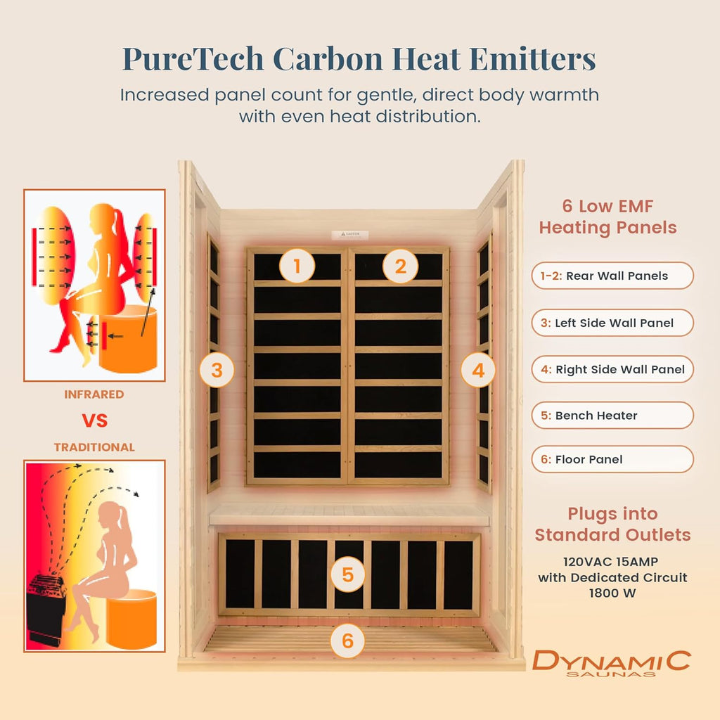 DYNAMIC SAUNAS Andora 2-Person Low EMF FAR Infrared Sauna with Red Light Therapy & Bluetooth Speakers | Personal Indoor Dry Heat Sauna for Home & Gym – Made from Canadian Hemlock