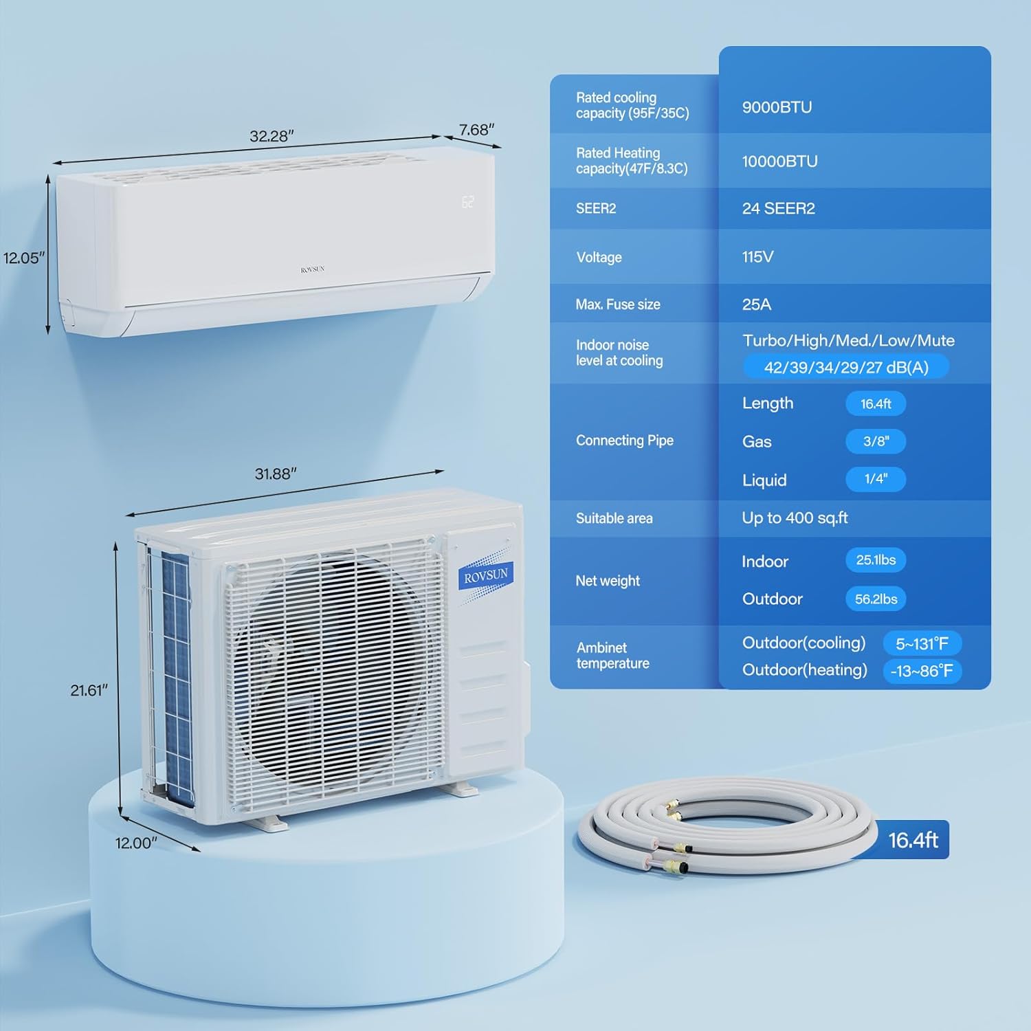ROVSUN 9,000 BTU Smart WIFI Mini Split AC/Heating System with Inverter & APP Control, 24 SEER2 Ductless Split Air Conditioner with Pre-Charged Condenser, Heat Pump & Installation Kit, 115V