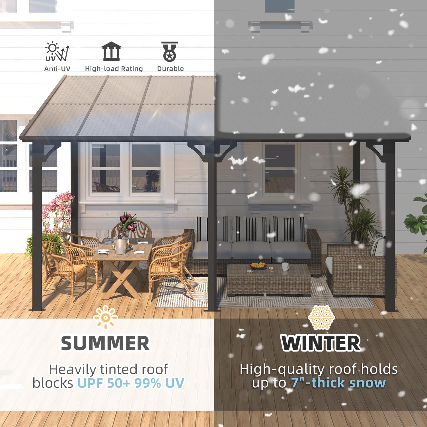 AECOJOY 14' x 10' Gazebo for Patio  Hard Top Lean to Gazebo Pergola with Roof (140 Sq.Ft Shaded)  Large Wall-Mounted Heavy Duty Awnings for Patio  Decks  Backyard and More