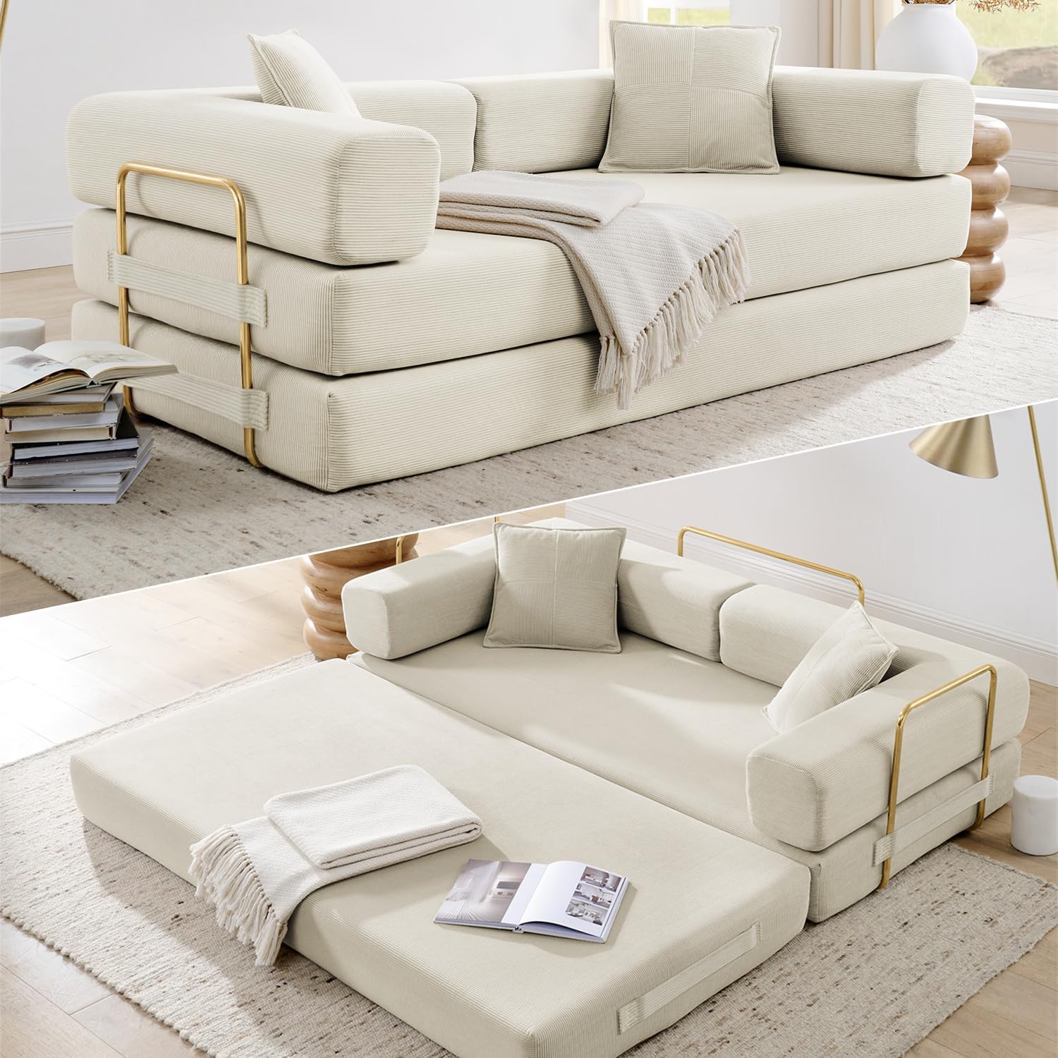 HANXIN 78 Inch Convertible Sleeper Sofa Bed, Folding Floor Mattress Couch with Fixed-Shape Frame, Futon Boneless Couch Lounge Loveseat with Pull Out Bed, No Assembly Required (Beige)