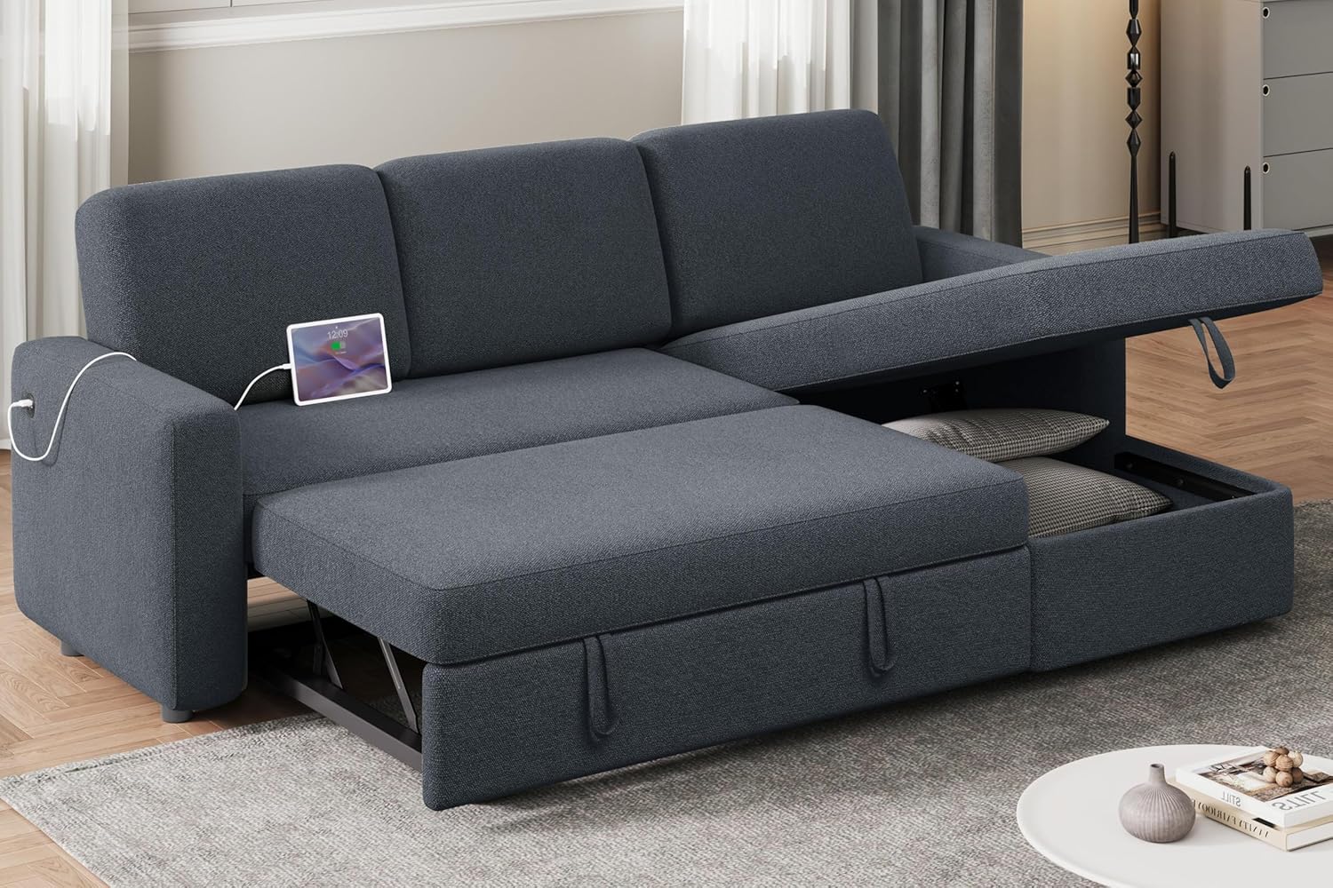 Yaheetech Sectional Sofa L-Shaped Sofa Couch Bed w/Chaise & USB, Reversible Couch Sleeper w/Pull Out Bed & Storage Space Living Room Dark Gray