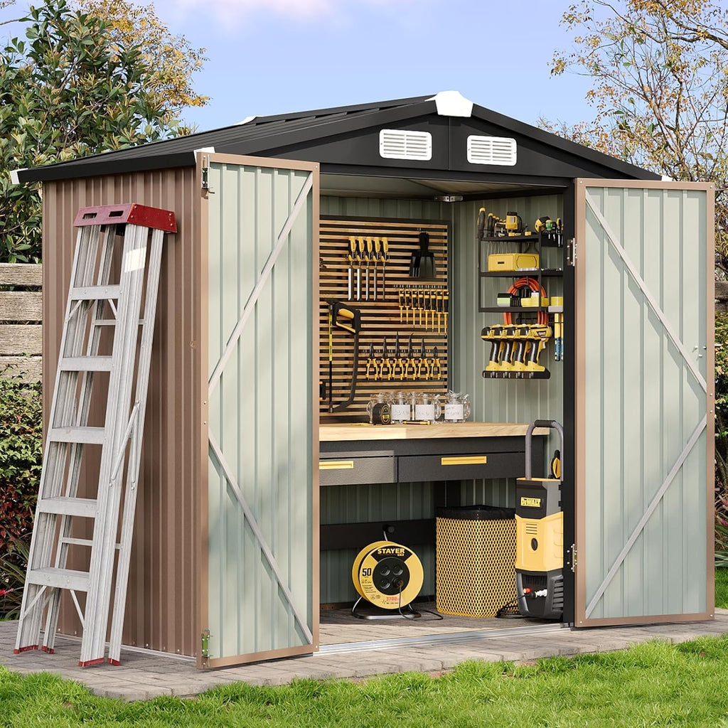 Aoxun 6.2x4 FT Shed Outdoor Storage Shed with Lockable Doors & Slooping Roof Metal Garden Tool Shed for Backyard  Patio  Poolside (Brown)
