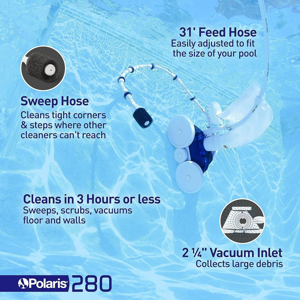 Polaris Vac-Sweep 280 Pressure-Side In-ground Pool Cleaner  Double Venturi Jet Powered  31ft of Hose with an All Purpose Debris Bag