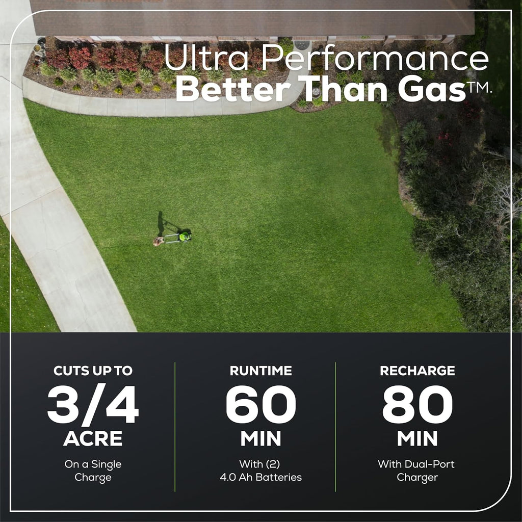 Greenworks 60V 21" Self-Propelled Cordless Lawn Mower  Brushless Motor  LED Lights  Includes 2X 4.0Ah Batteries & Rapid Dual-Port Charger(75+ Tool Compatibility  45Min Runtime)