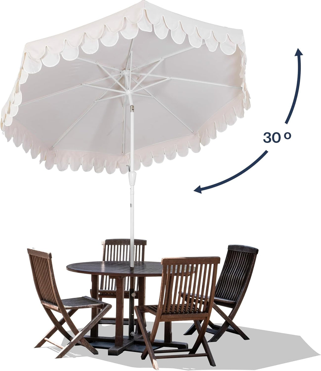 JONATHAN Y UMB1002C Tracy 9 ft. Classic MidCentury Scalloped Fringe Market Patio Umbrella with Auto-Tilt  Crank  Wind Vent and UV Protection in Cream/White