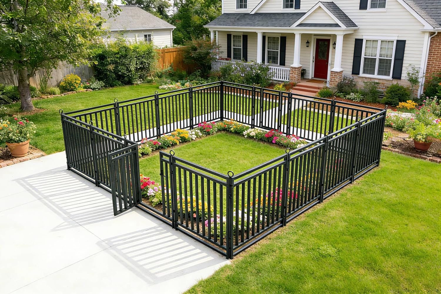 Decorative Garden Fence Metal Dog Fence Outdoor for Yard  92ft (L) × 40in (H)  35 Panels + 5 Gates  Rustproof Animal Barrier Fencing for Patio & Flower Bed  No Dig  Black-Silver