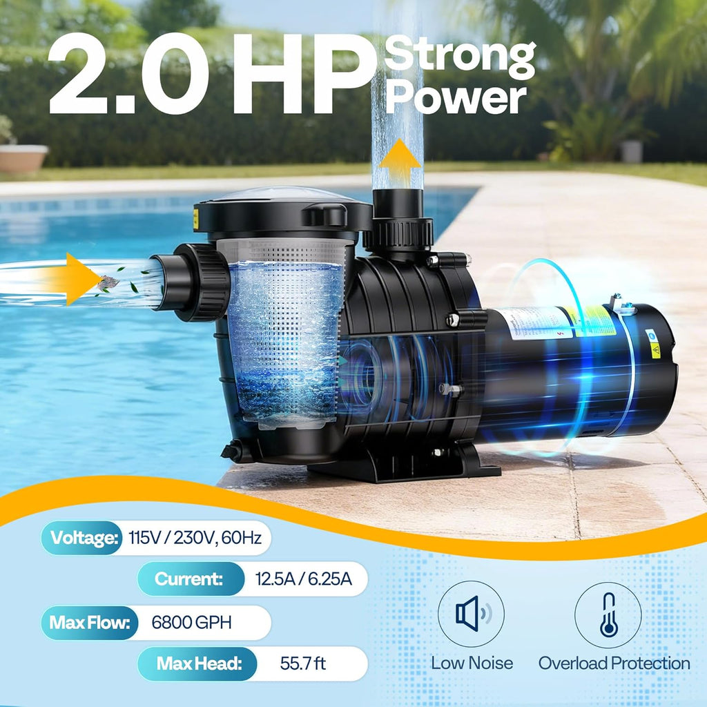 VIVOHOME 2.0HP Pool Pump - 115V/230V Self-Priming Motor - In-Ground/Above Ground - 6800GPH Energy Efficient - 1.5"  2"  and 1.25"-1.5" Connectors w/Strainer Basket