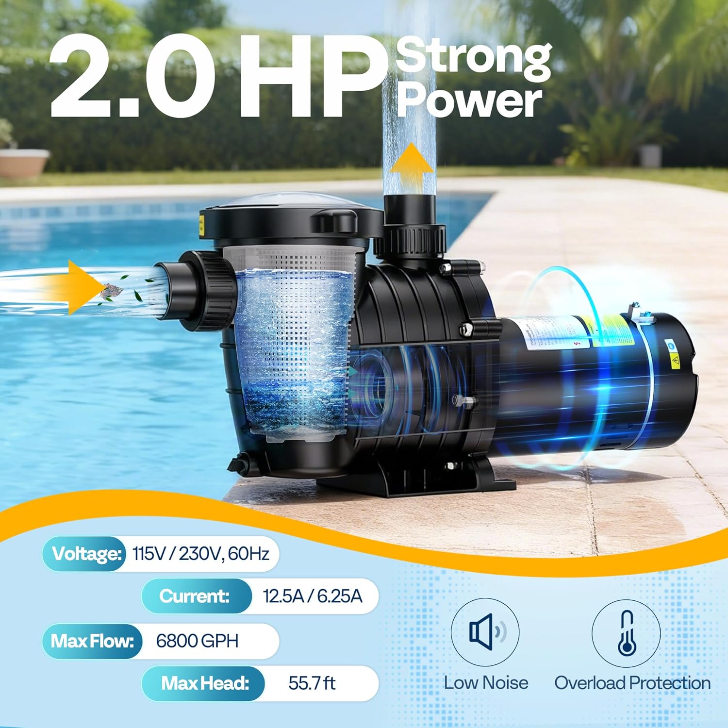 VIVOHOME 2.0HP Pool Pump - 115V/230V Self-Priming Motor - In-Ground/Above Ground - 6800GPH Energy Efficient - 1.5"  2"  and 1.25"-1.5" Connectors w/Strainer Basket
