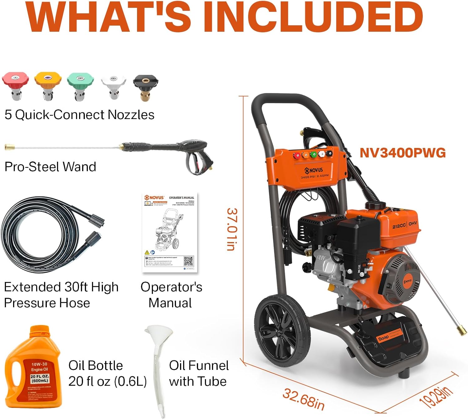 NOVUS Gas Pressure Washer 3400 PSI  2.6 GPM Power Washer with 30FT Extra-Long Hose  5 Nozzles  Onboard Soap Tank  212CC Engine  Spray Gun and Wand  for Vehicles Driveways Patios Fences Furniture