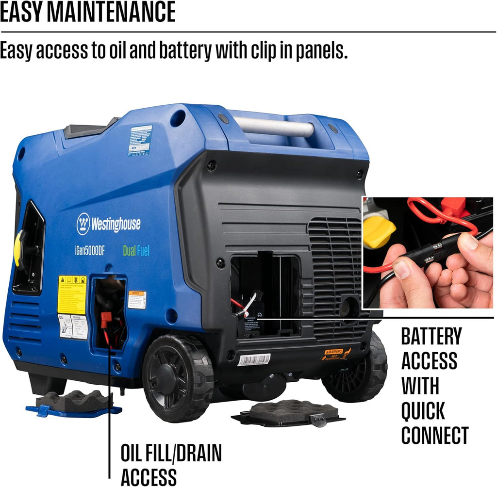 Westinghouse 5000 Peak Watt Super Quiet Dual Fuel Portable Inverter Generator  Remote Electric Start  Gas & Propane Powered  RV Ready 30A Outlet  Parallel Capable  Blue/Black