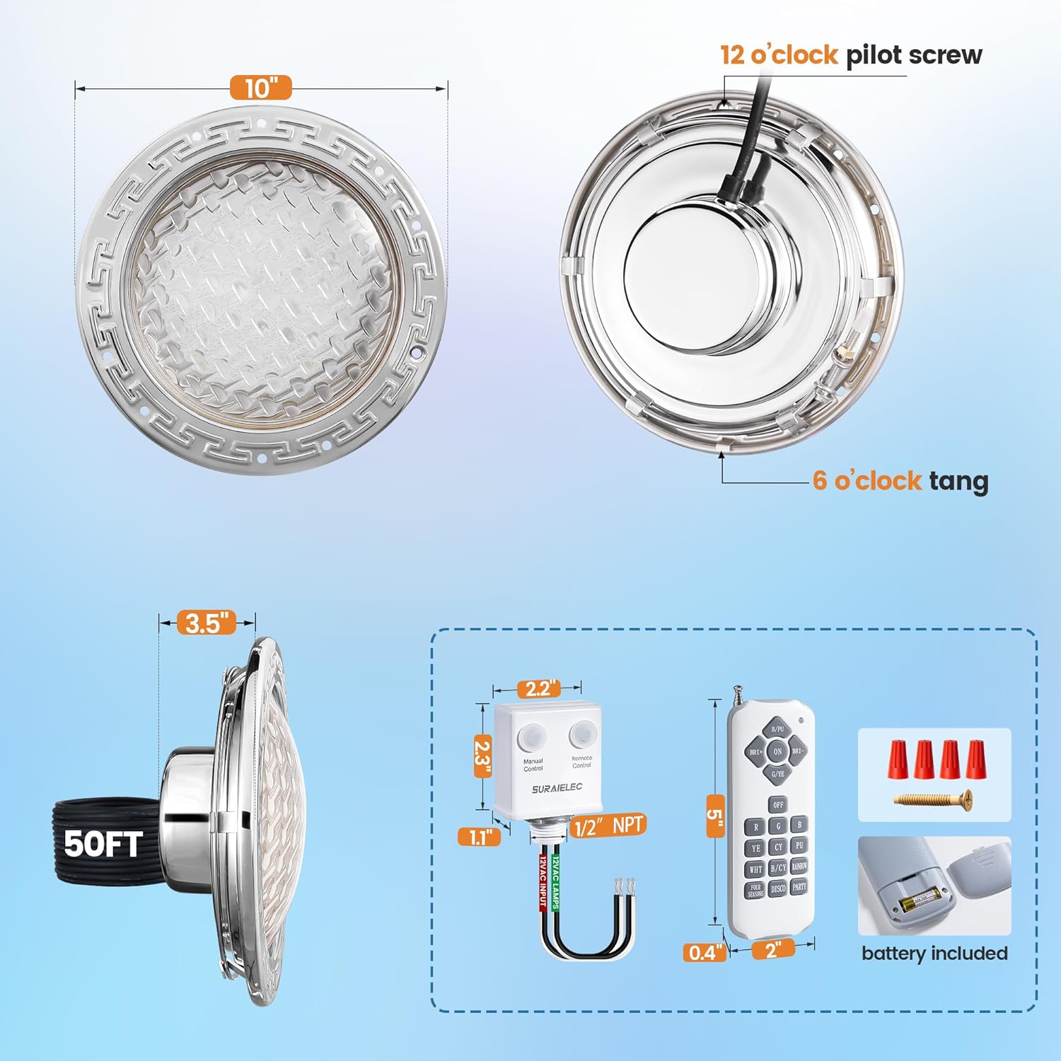 SURAIELEC 12V AC Pool Lights for Inground Pool  10 inch Color Changing LED Pool Light with Remote Control  300W Equivalent  Underwater Swimming Pool Light Fixture for Large Wet Niches  50FT