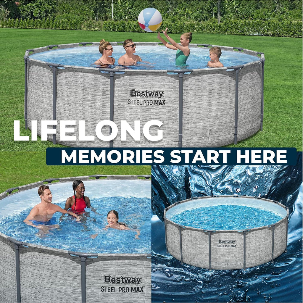 Bestway Steel Pro MAX 14' x 48" Above Ground Pool  Round Metal Frame Outdoor Swimming Pool Set with Filter Pump  Ladder  and Cover  Gray Stone Print