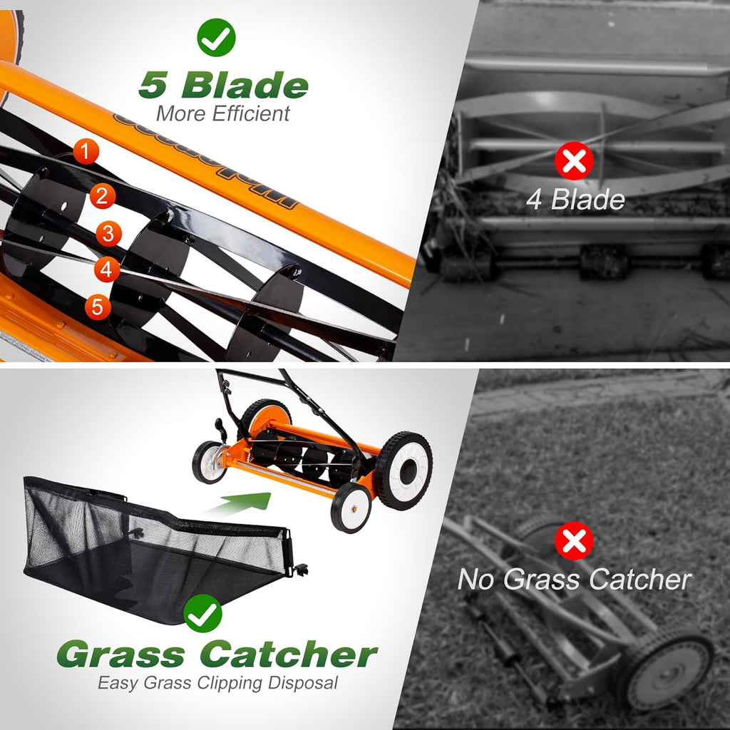Walensee 20-Inch 5-Blade Push Reel Lawn Mower  Cordless Manual Reel Lawn Mower Walk-Behind Steel Lawn Mowers with Removable 11.8-Gallon Grass Catcher  Sponge Grip  9-Position Cutting Height Adjustment