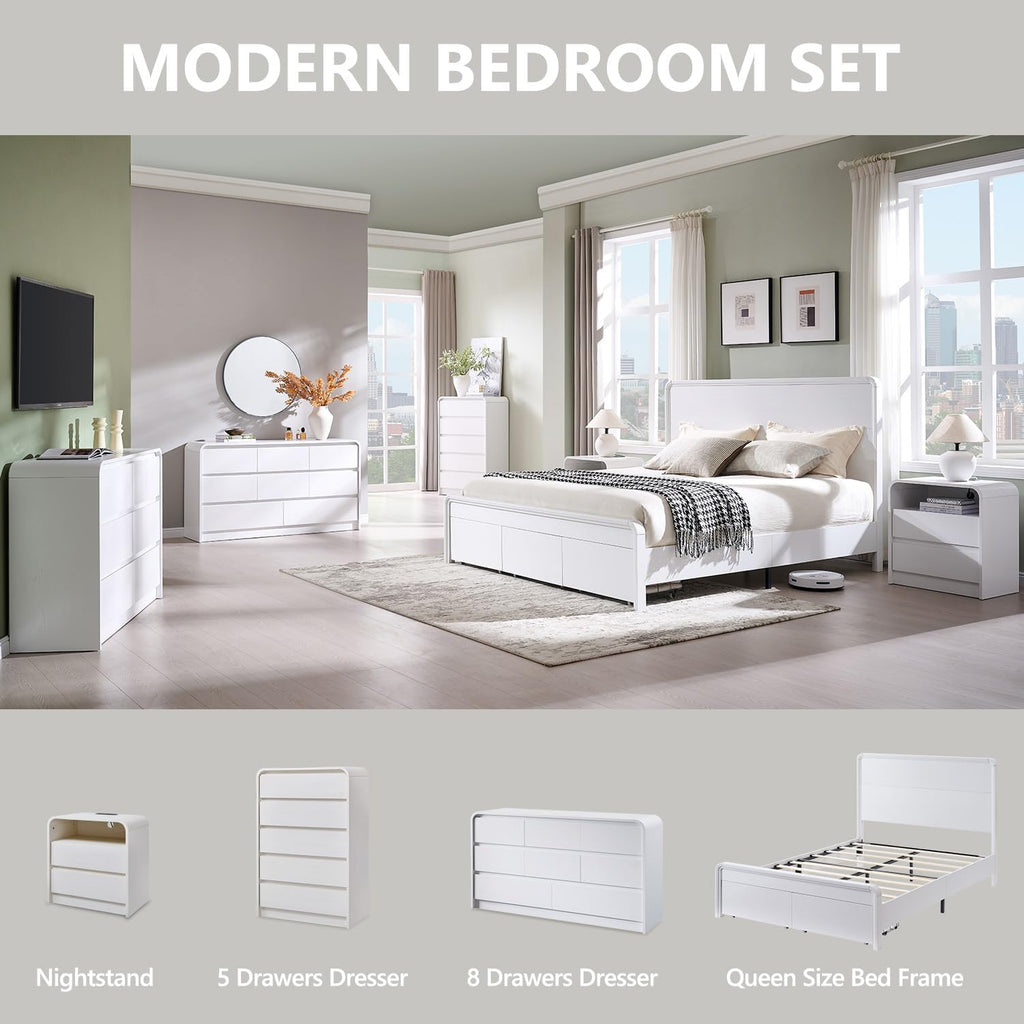 Modern Queen Size Bed Frame with 50" Tall Headboard, Wood Queen Size Platform Bed Frame w/3 Storage Drawers, Curved Profile Design, Wood & Steel Platform Bed, No Box Spring Needed, White