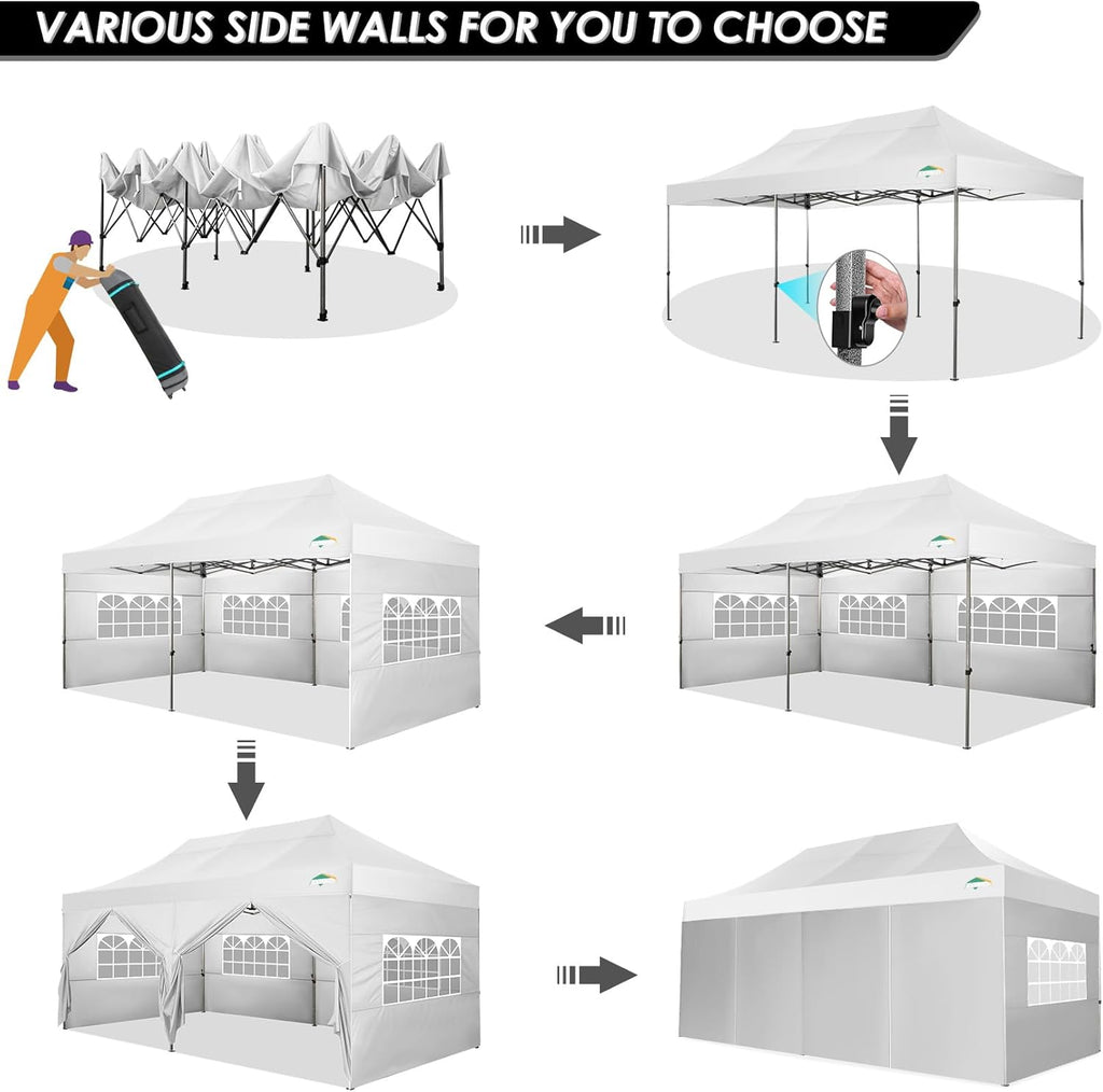 COBIZI 10x20 Heavy Duty Pop up Canopy Tent with 6 sidewalls Easy Up Commercial Outdoor Wedding Party Tents for Parties All Season Wind & Waterproof Gazebo Roller Bag  White(Frame Thickened)