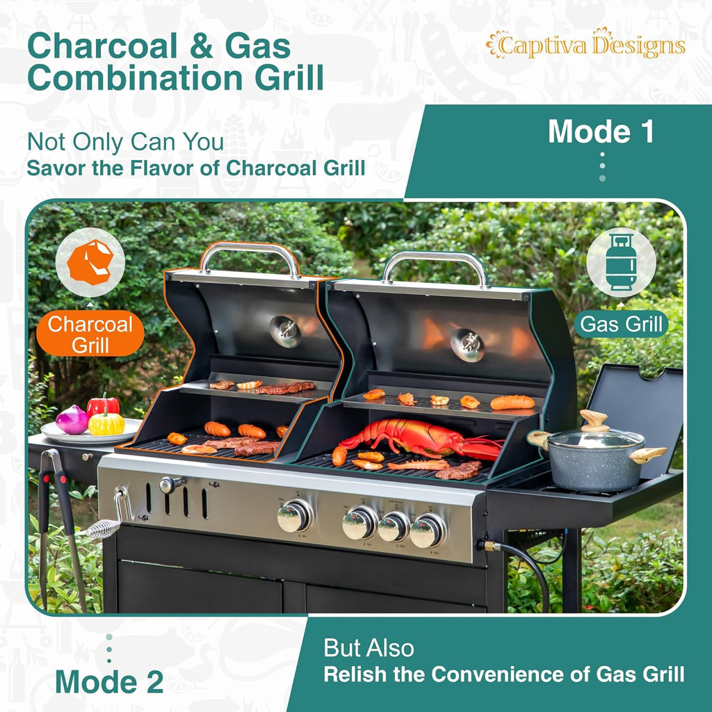 Captiva Designs Propane Gas Grill and Charcoal Grill Combo with Side Burner & Porcelain-Enameled Cast Iron Grate  Dual Fuel BBQ Grill for Outdoor Events & Backyard Barbecue  690 SQIN Cooking Area
