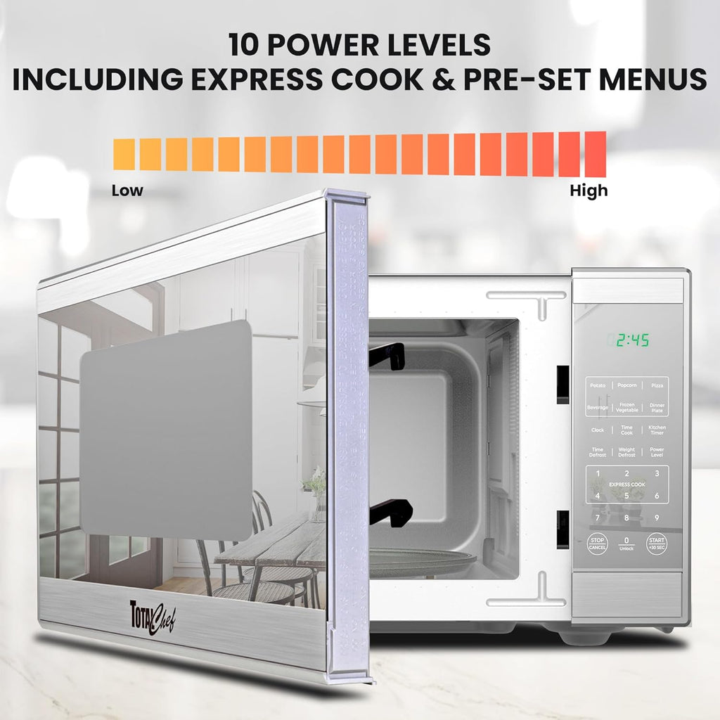 Total Chef 1.3 Cu Ft Microwave Oven – Compact Countertop Kitchen Appliance, Small Stainless Steel Microwave with Digital Touch, Pre-Set Functions, 12.8” Turntable, 1100 Watt