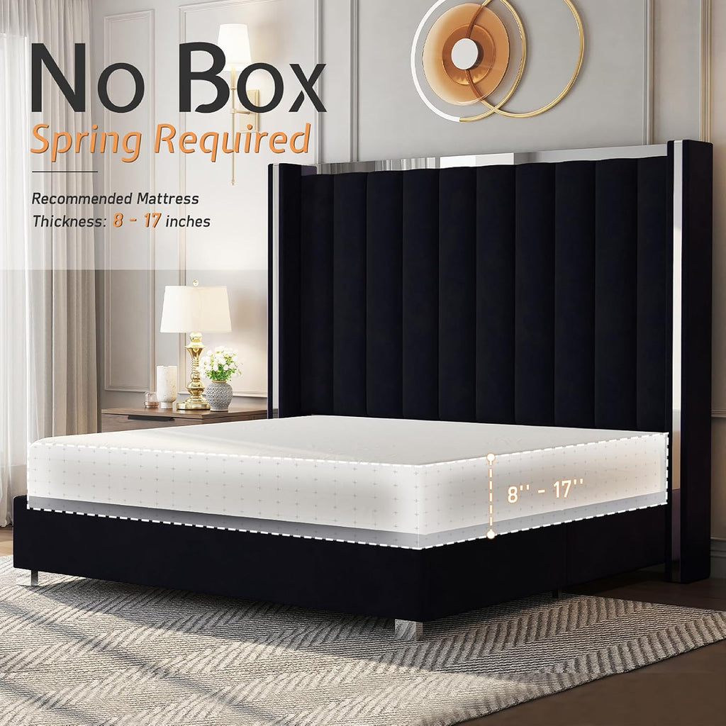 Jocisland Queen Size Bed Frame with 58" Tall Headboard, Velvet Upholstered Platform Bed with Channel Tufted Wingback Headboard and Plating Trim, No Box Spring Needed, Black
