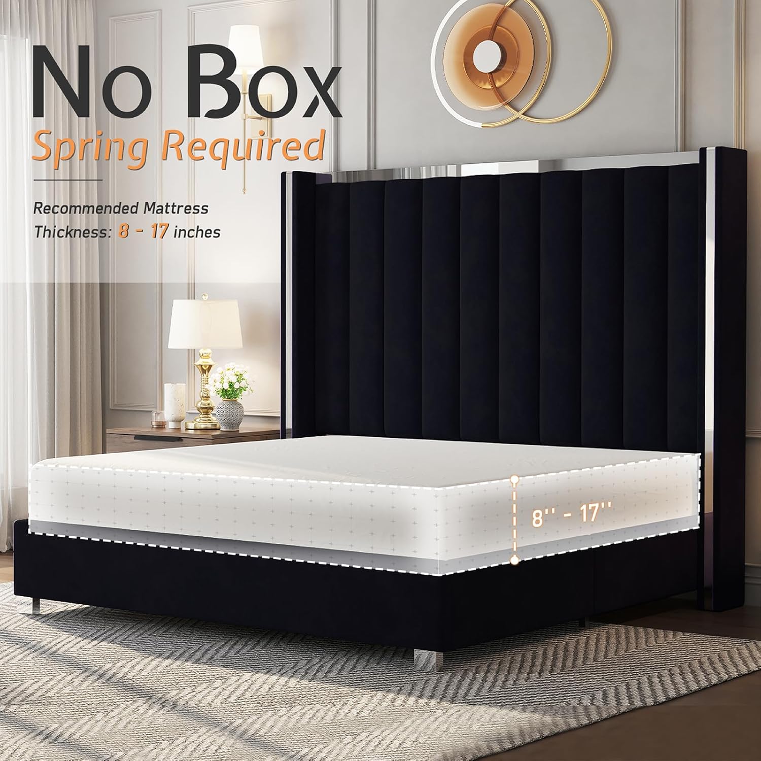 Jocisland Queen Size Bed Frame with 58" Tall Headboard, Velvet Upholstered Platform Bed with Channel Tufted Wingback Headboard and Plating Trim, No Box Spring Needed, Black