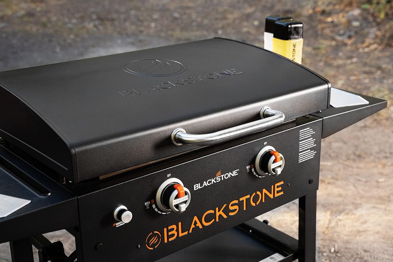 BLACKSTONE 1883 Original 28” Griddle with Integrated Protective Hood and Counter Height Side Shelves  Powder Coated Steel  Black