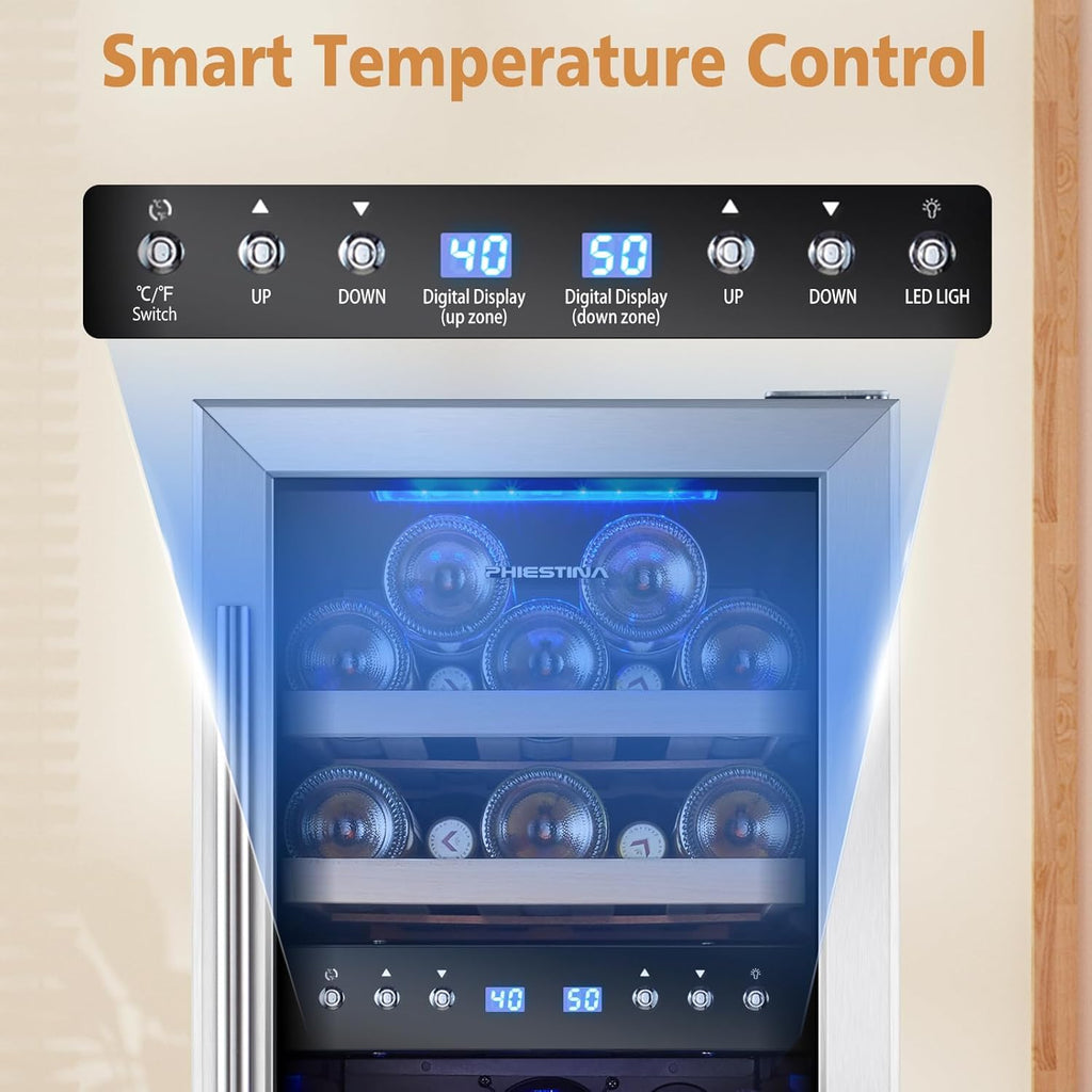 Phiestina Wine Fridge, 15 Inch Small Wine Cooler Refrigerator 31 Bottles Dual Zones Under Counter Temperature Control Built-in/Freestanding