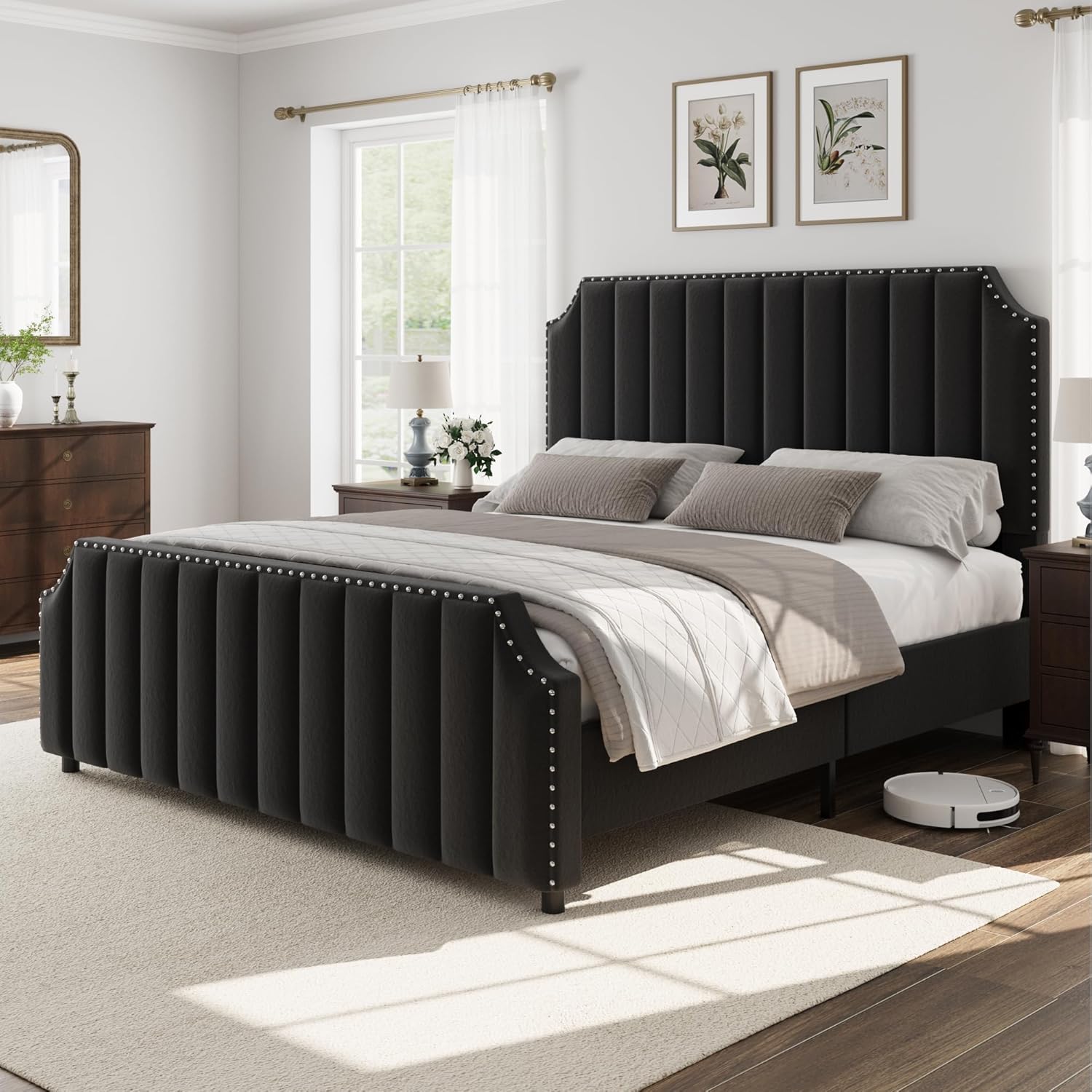 GarveeHome Queen Size Platform Bed Frame with 50.2 in Tall Headboard, Velvet Upholstered Bed Frame Queen with Vertical Channel Tufted Headboard & Footboard, Nailhead Trim, No Box Spring Needed, Black