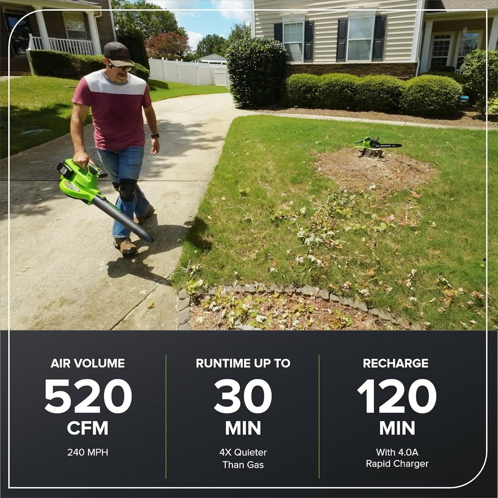 Greenworks 48V (24V x 2) Cordless Brushless Leaf Blower/Vacuum (520 CFM / 240 MPH) with Bag  Powerful & Efficient for Yard Debris Cleanup  Includes (2) 4.0Ah Battery & Dual Port Charger