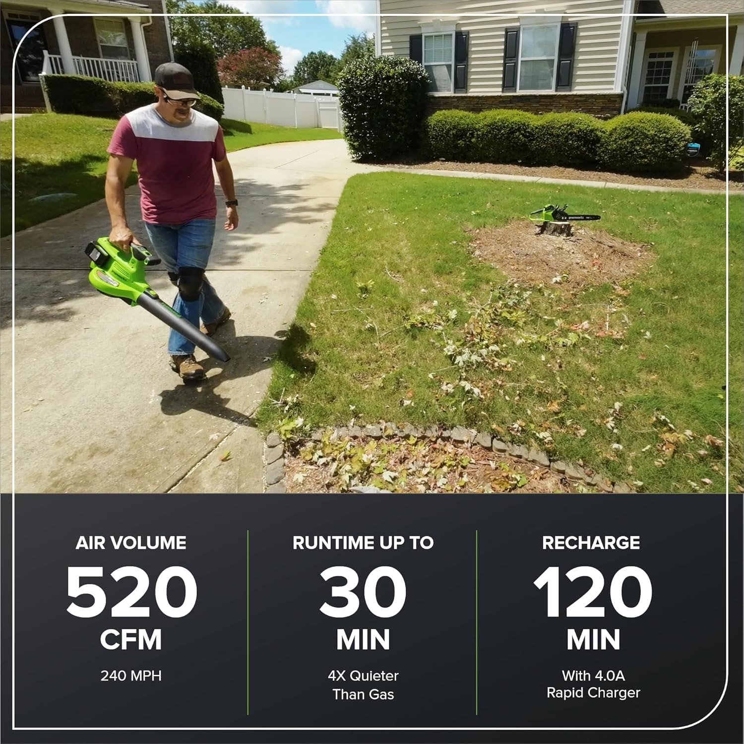 Greenworks 48V (24V x 2) Cordless Brushless Leaf Blower/Vacuum (520 CFM / 240 MPH) with Bag  Powerful & Efficient for Yard Debris Cleanup  Includes (2) 4.0Ah Battery & Dual Port Charger