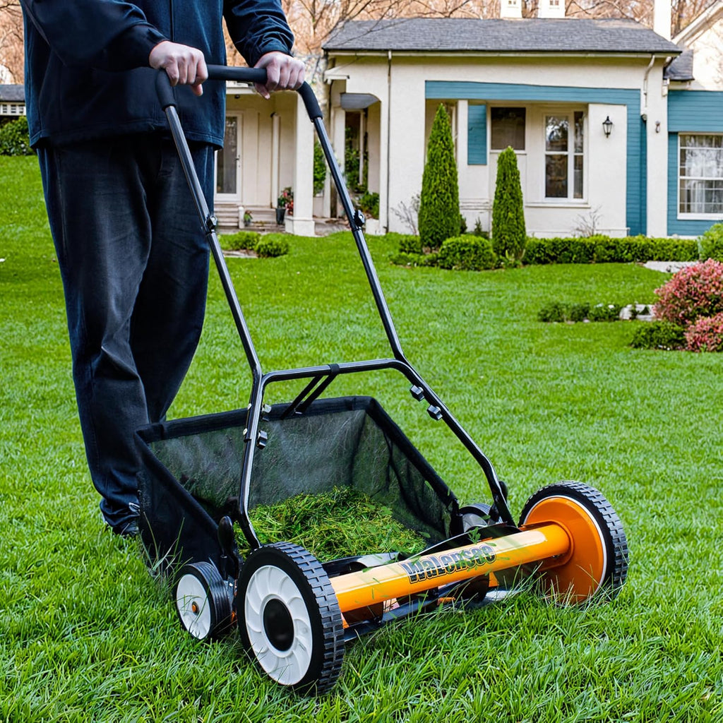 Walensee 20-Inch 5-Blade Push Reel Lawn Mower  Cordless Manual Reel Lawn Mower Walk-Behind Steel Lawn Mowers with Removable 11.8-Gallon Grass Catcher  Sponge Grip  9-Position Cutting Height Adjustment