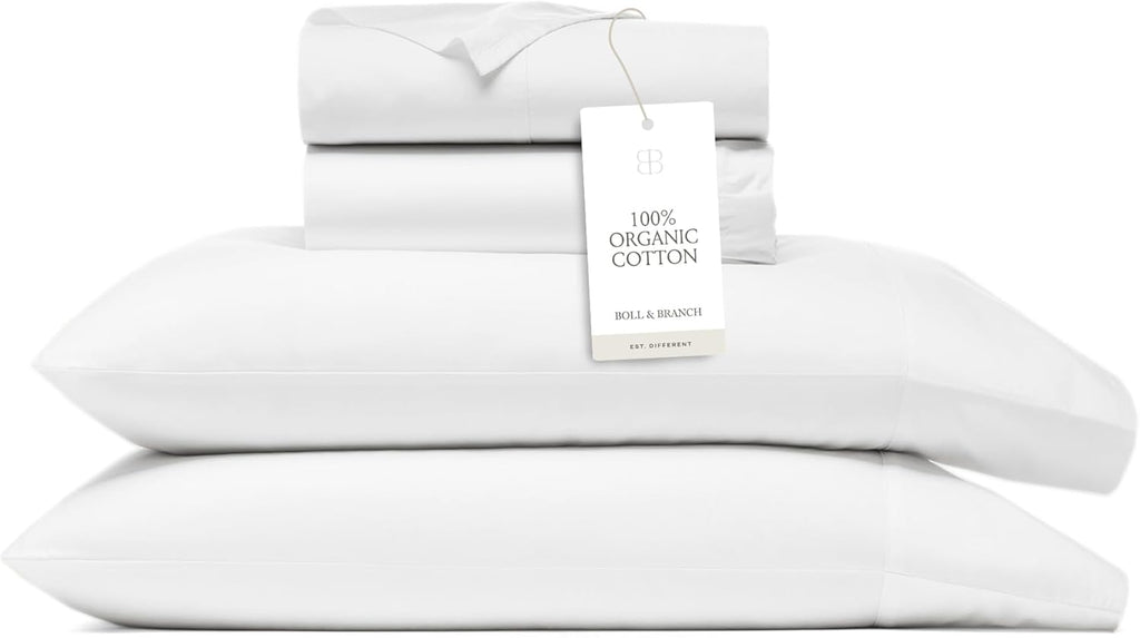 BOLL & BRANCH Signature Hemmed Sheet Set - Full, White - Luxury 100% Organic Cotton - Includes 1 Flat, 1 Fitted, 2 Pillowcases - Buttery Soft