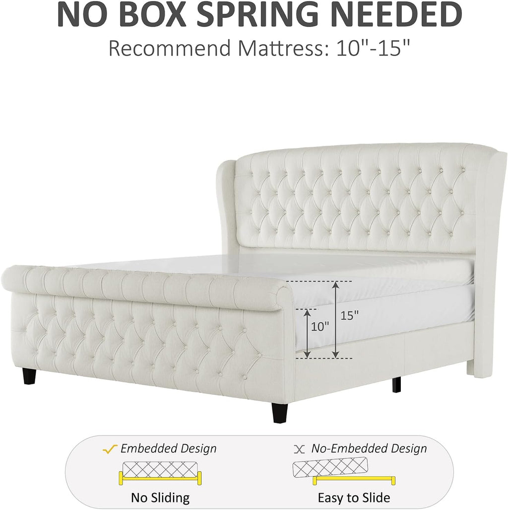 Queen Size Platform Bed Frame, Chenille Upholstered Sleigh Bed with Curved Headboard & Footboard, Deep Button Tufted, Wood Slats Support, No Box Spring Needed, Cream