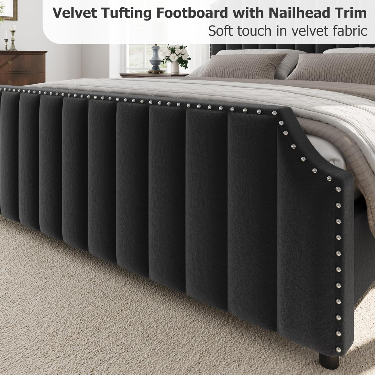 GarveeHome King Size Platform Bed Frame with 50.2 in Headboard, Velvet Upholstered Bed Frame King with Vertical Channel Tufted Headboard & Footboard, Nailhead Trim, No Box Spring Needed, Black