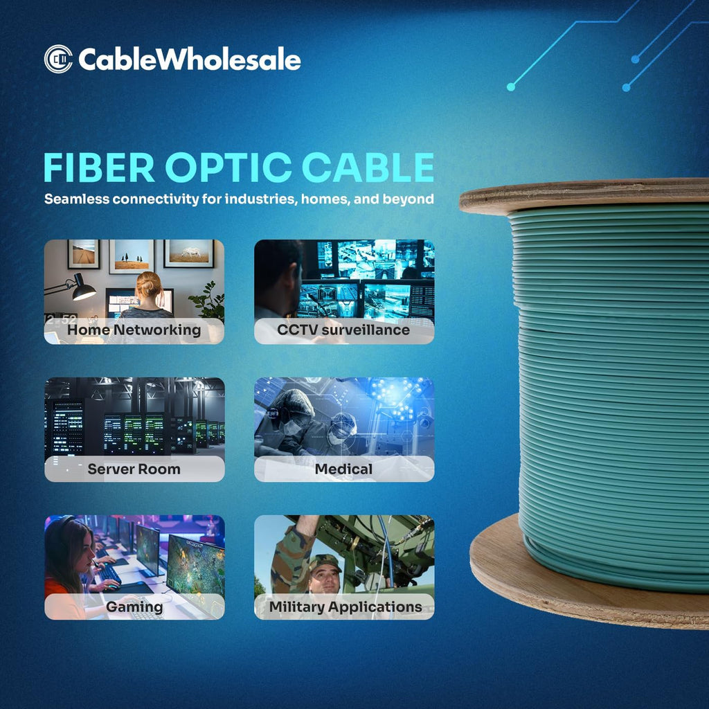 CableWholesale 500ft Aqua Armored 6 Strand Fiber Optic Cable  Multimode OM3 50/125 Micron  Corning ClearCurve  Plenum Rated  High-Speed 10Gbit  Indoor Safe - Networking Spool