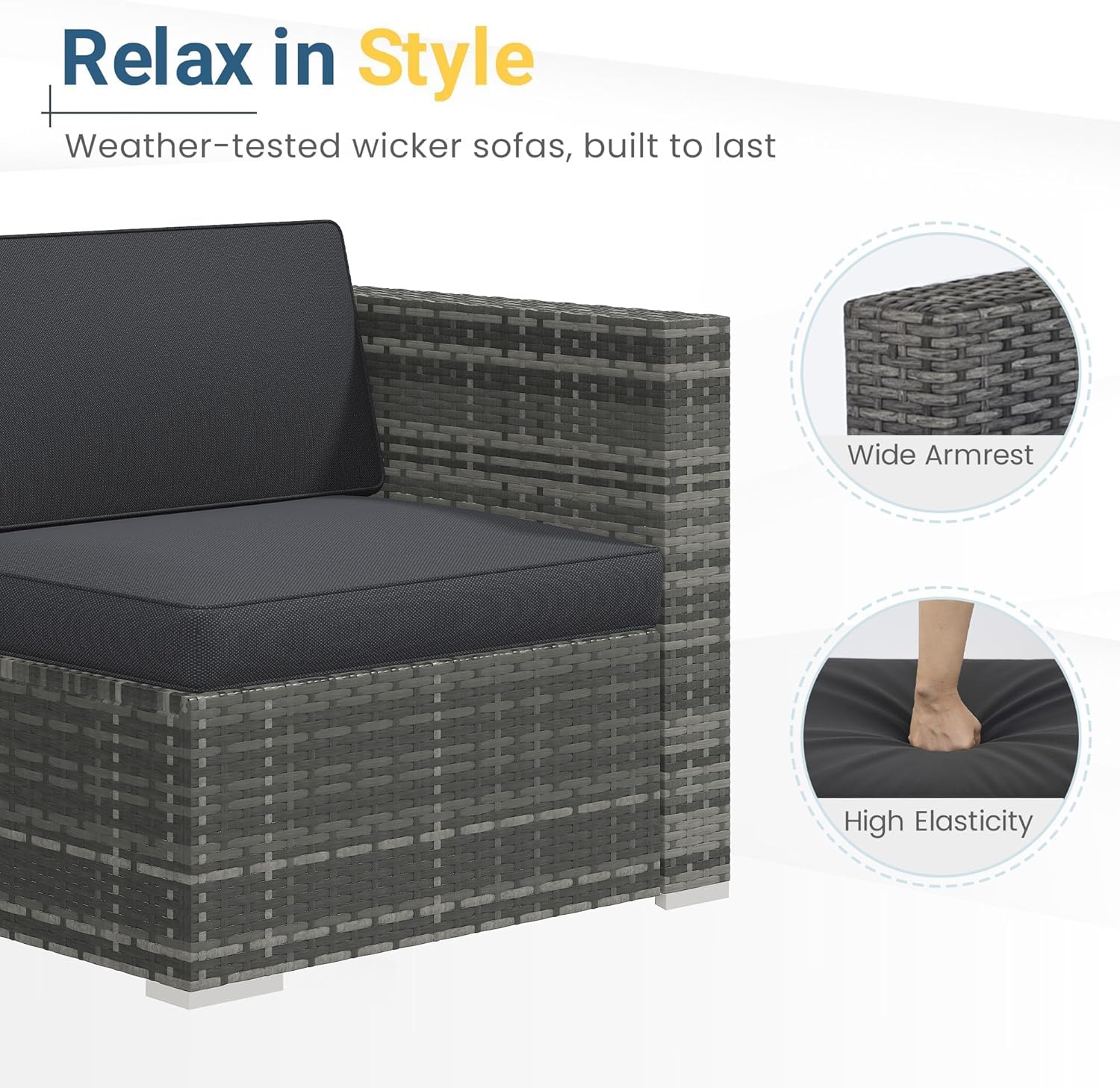 Wisteria Lane 5-Pieces Outdoor Patio Furniture Set  All Weather Wicker Rattan Sectional Sofa  Patio Conversation Set with Cushions & Glass Coffee Table for Backyard Porch Garden Balcony  Grey